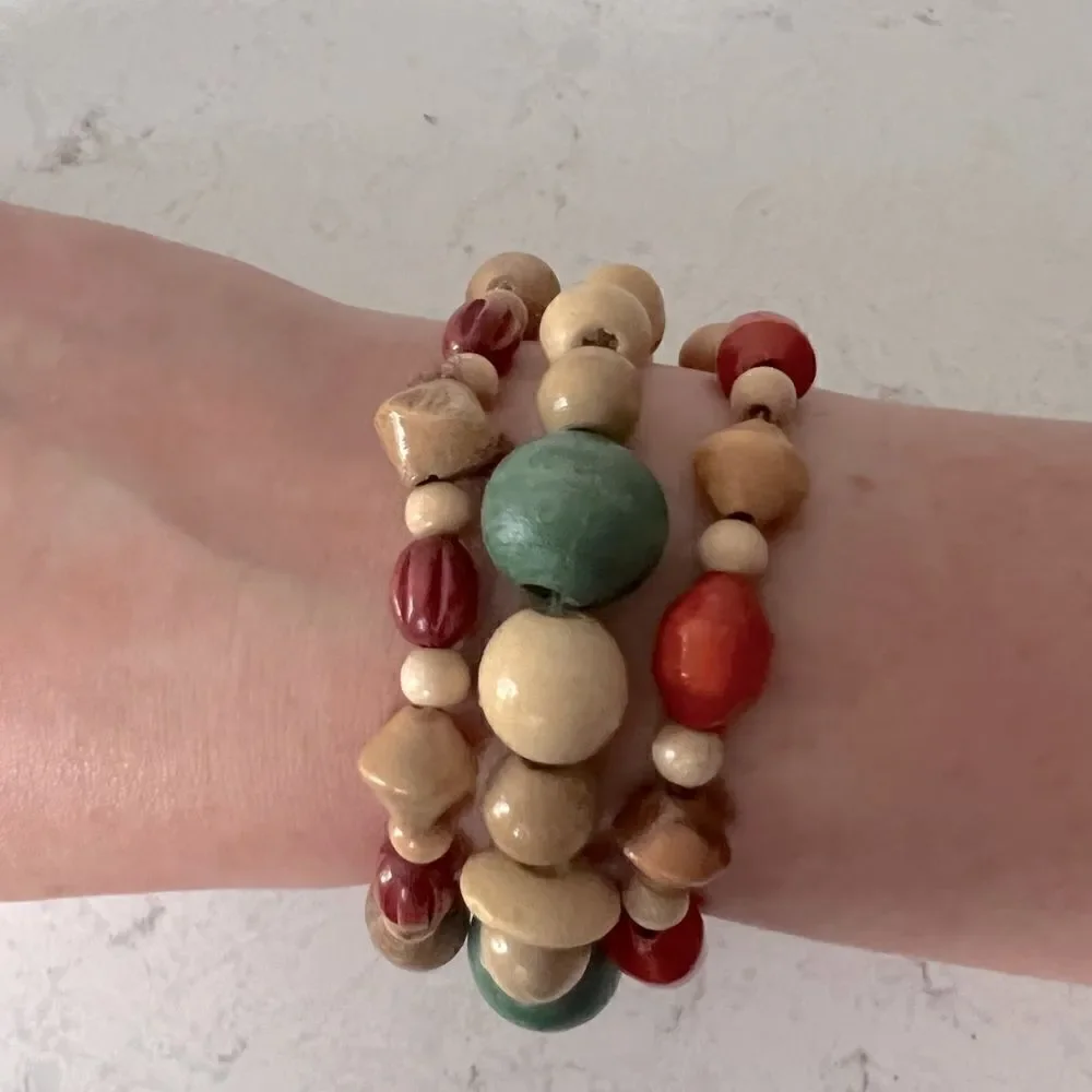 *3/$20* Boho wooden red, green and tan beaded bracelets- set of 3